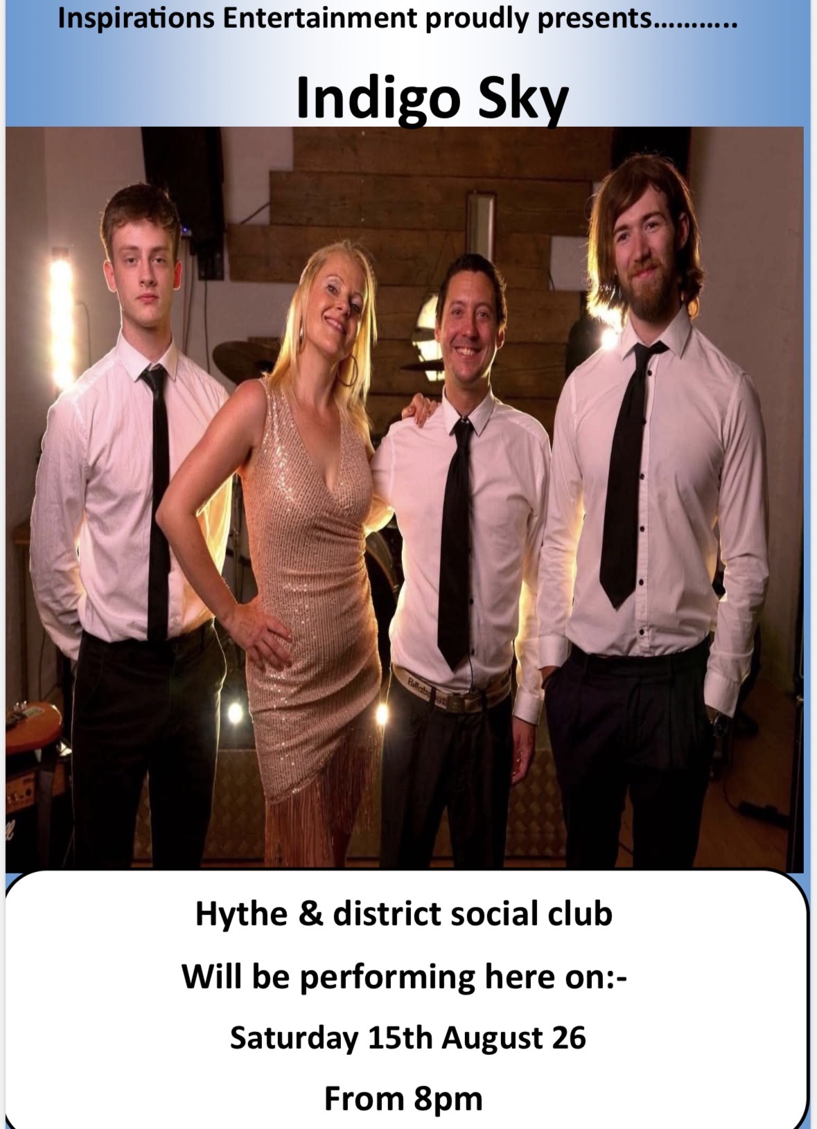 Indigo sky band at Hythe & District Club, 15/08/2026